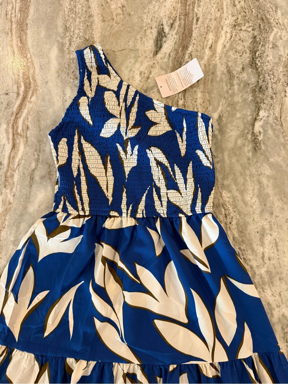 NWT Fashion One-Shoulder Blue and Cream Floral Tiered Lined Dress Size S